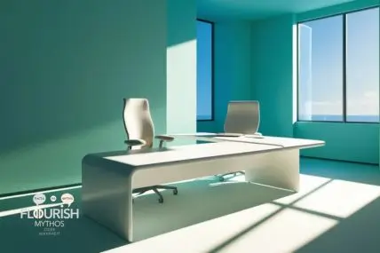„Arbeitsplatz mit blauen und grünen Akzenten, die eine produktive und kreative Atmosphäre schaffen.“
