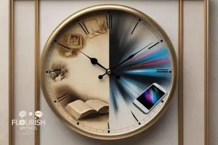 „Uhr, die auf der linken Seite nostalgische, verblasste Erinnerungen und auf der rechten Seite moderne, hektische Gegenwartsbilder zeigt. Symbolisiert den inneren Konflikt zwischen Vergangenheit und Gegenwart.“